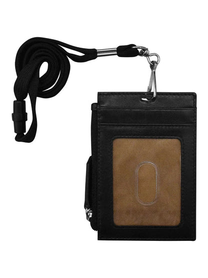 Wallet I.D. Holder Vertical Zipper With Lanyard Black Leather RFID Blocking 7118 
