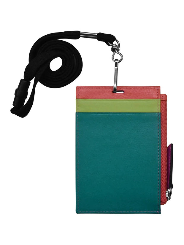 Wallet I.D. Holder Vertical Zipper With Lanyard Paradise Multi Leather RFID Blocking 7118 