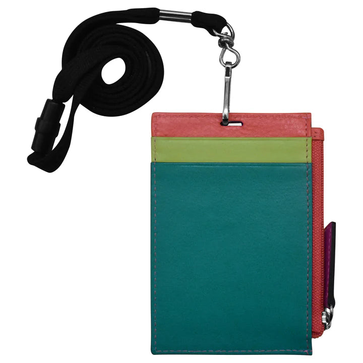 Wallet I.D. Holder Vertical Zipper With Lanyard Paradise Multi Leather RFID Blocking7118 