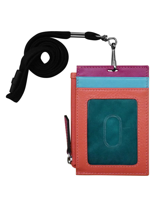 Wallet I.D. Holder Vertical Zipper With Lanyard Paradise Multi Leather RFID Blocking 7118 