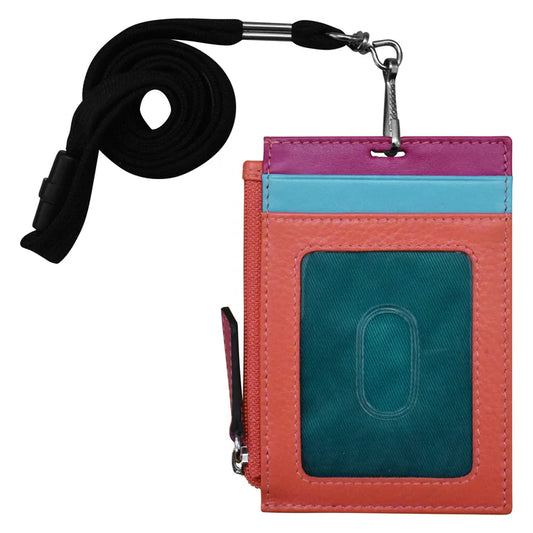 Wallet I.D. Holder Vertical Zipper With Lanyard Paradise Multi Leather RFID Blocking7118 