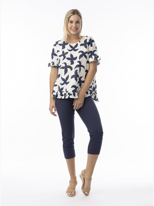 Top&nbsp; Nazca Frill Print Collared 3/4 Sleeve&nbsp; Cream&nbsp; &nbsp;42191