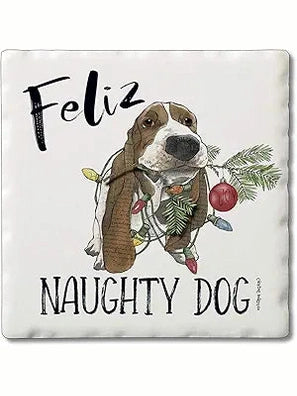 Coaster Christmas Tile Dog&nbsp; Feliz Naughty Dog 4x4" 02-02001