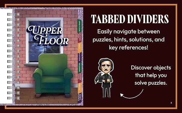 A spiral-bound puzzle book cover titled 'Upper Floor' shown alongside promotional text reading 'Tabbed Dividers' with features like navigating between puzzles and hints. The cover art depicts a green armchair in front of a brick wall window.