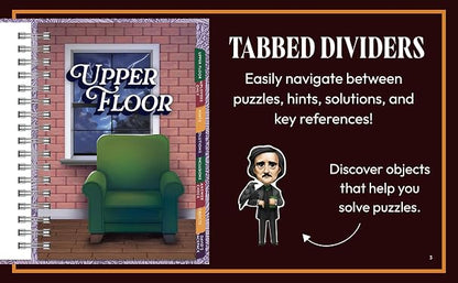 A spiral-bound puzzle book cover titled 'Upper Floor' shown alongside promotional text reading 'Tabbed Dividers' with features like navigating between puzzles and hints. The cover art depicts a green armchair in front of a brick wall window.