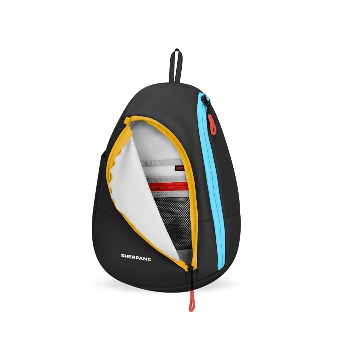 Black backpack with colorful zippers on a white background