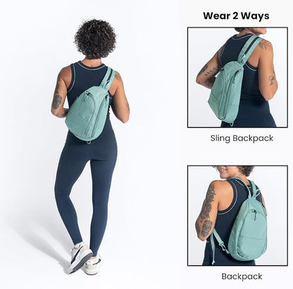 A woman modeling a mint green sling backpack shown from the back, with two inset views on the right showing the backpack worn over the shoulders and as a standalone backpack. Text labels read 'Wear 2 Ways,' 'Sling Backpack,' and 'Backpack.