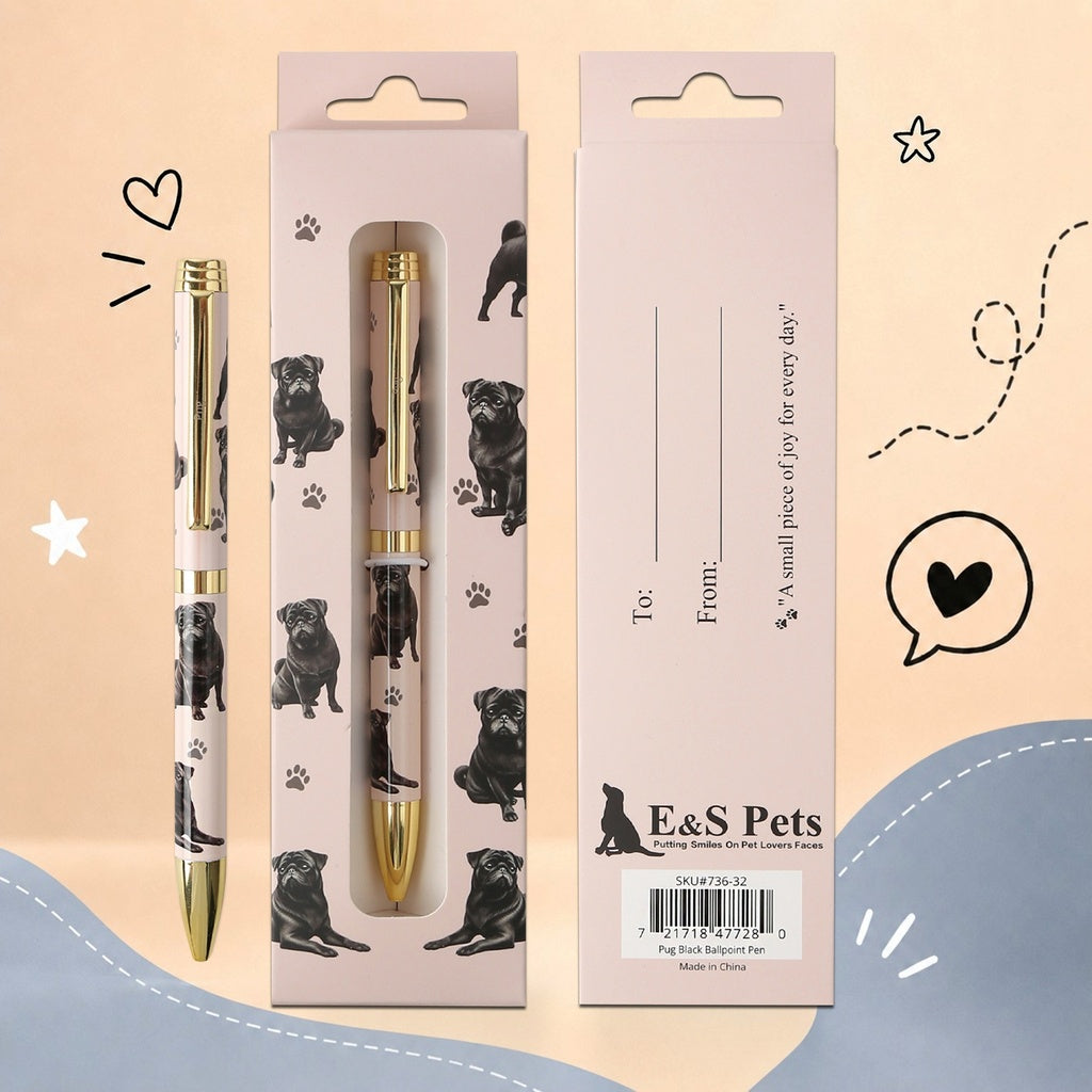 A pet-themed pen set shown with the pen, its hanging display box, and the retail carton on a soft peach background with decorative doodles. The pen and box are pale pink with black dog illustrations and gold accents; the carton shows the brand E&S Pets.