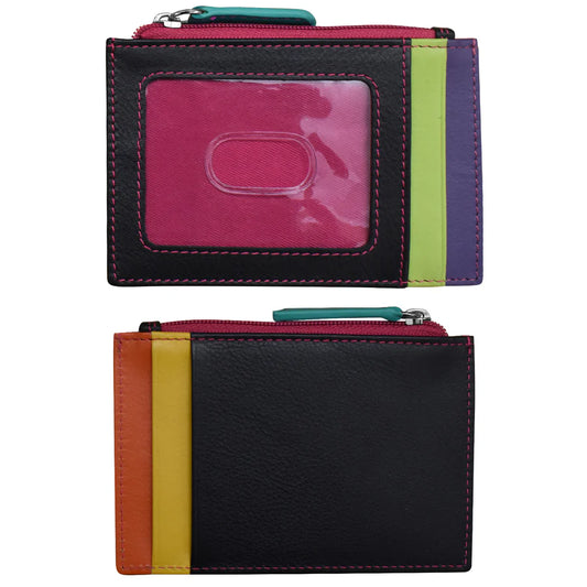 Card Holder Zip I.D. Card Case Black Brights Leather RFID Blocking 7416 