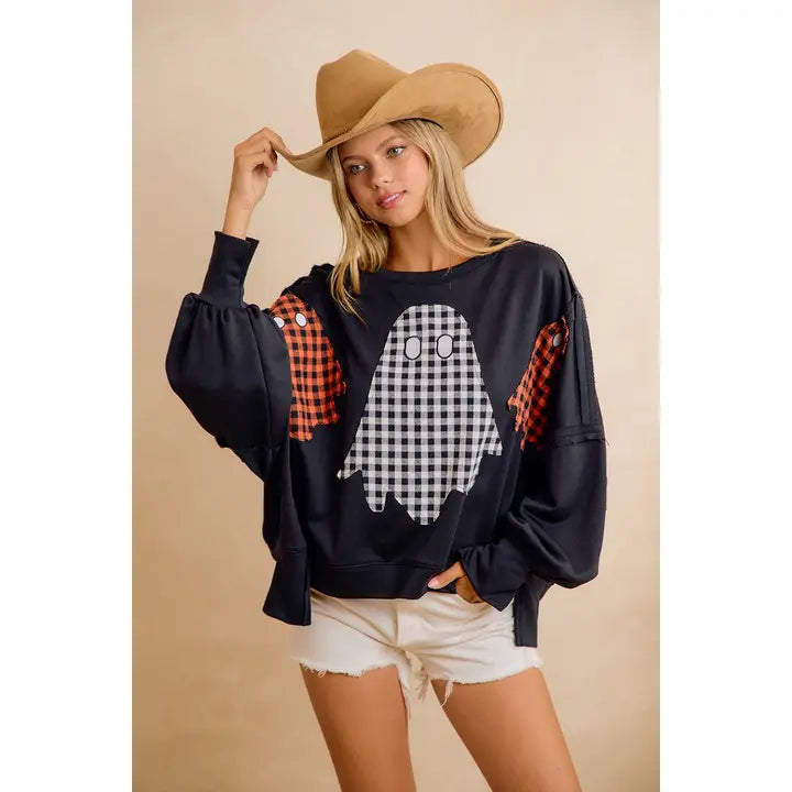 Sweatshirt Black/Orange Plaid Ghost Halloween Oversized Women'sIT3426H-62