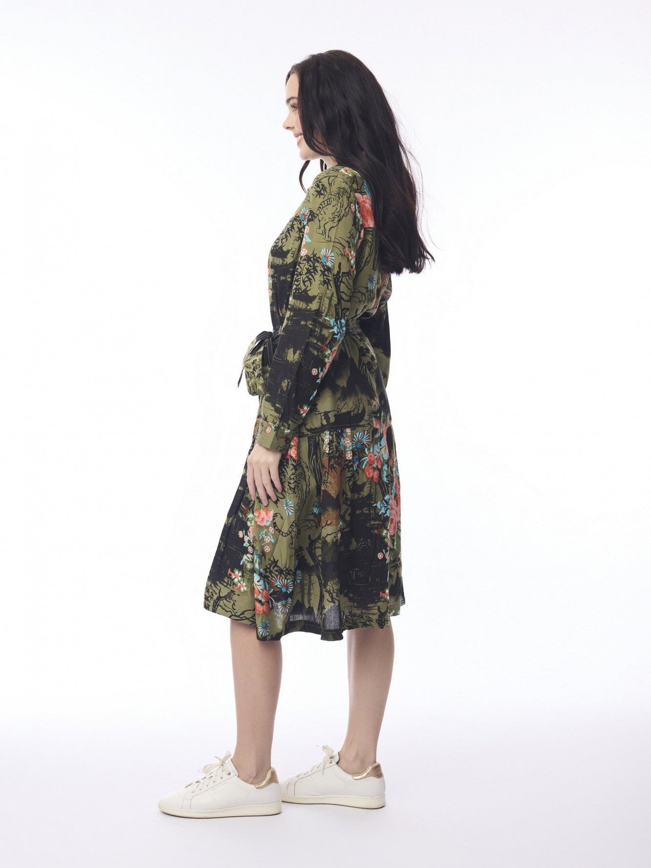 Orientique-Dress Keqioa Collar Tie Waist Button Front Green Floral 61784