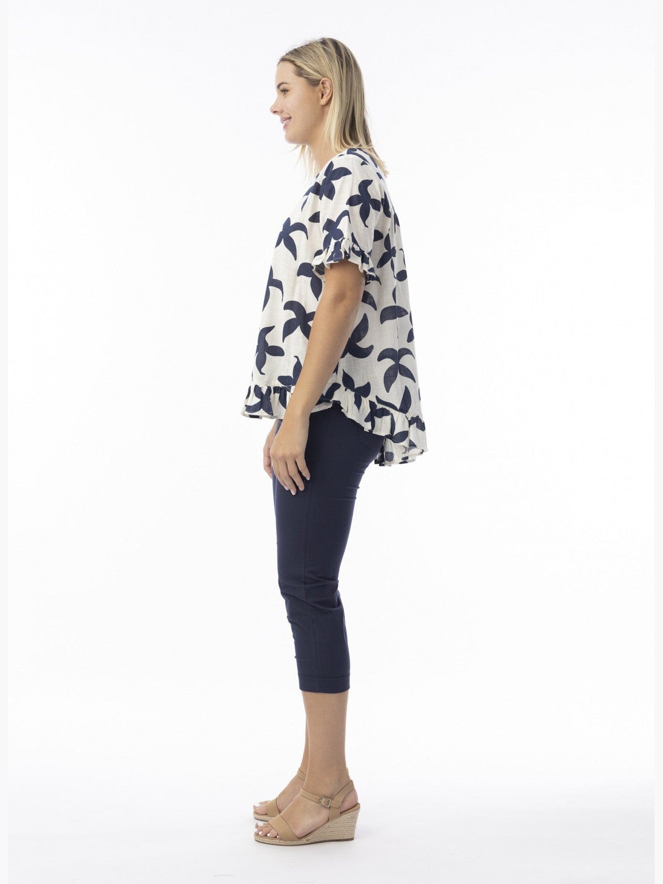 Top&nbsp; Nazca Frill Print Collared 3/4 Sleeve&nbsp; Cream&nbsp; &nbsp;42191