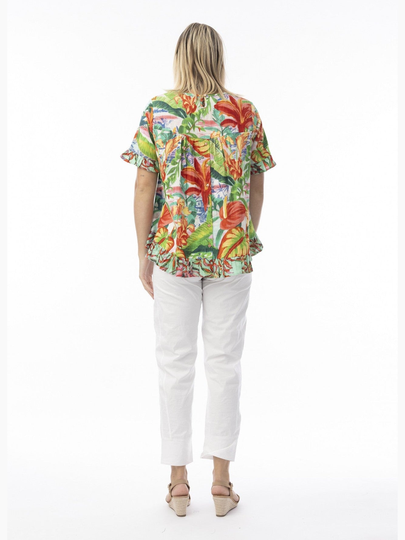 Top Equador&nbsp; Frill 1/2 Sleeve Ruffle Bottom Button Back Multi Colored Abstract Print 42197