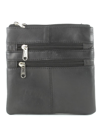 Messenger Bag With Dual Zip Pockets Compact Black Leather 772BK