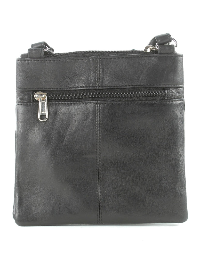 Messenger Bag With Dual Zip Pockets Compact Black Leather 772BK