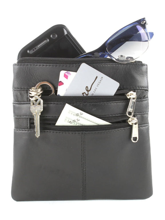 Messenger Bag With Dual Zip Pockets Compact Black Leather 772BK