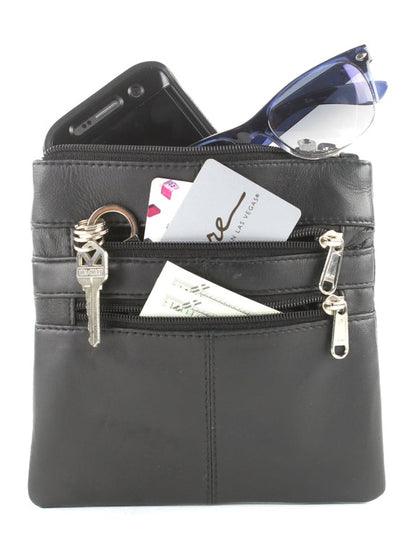 Messenger Bag With Dual Zip Pockets Compact Black Leather 772BK