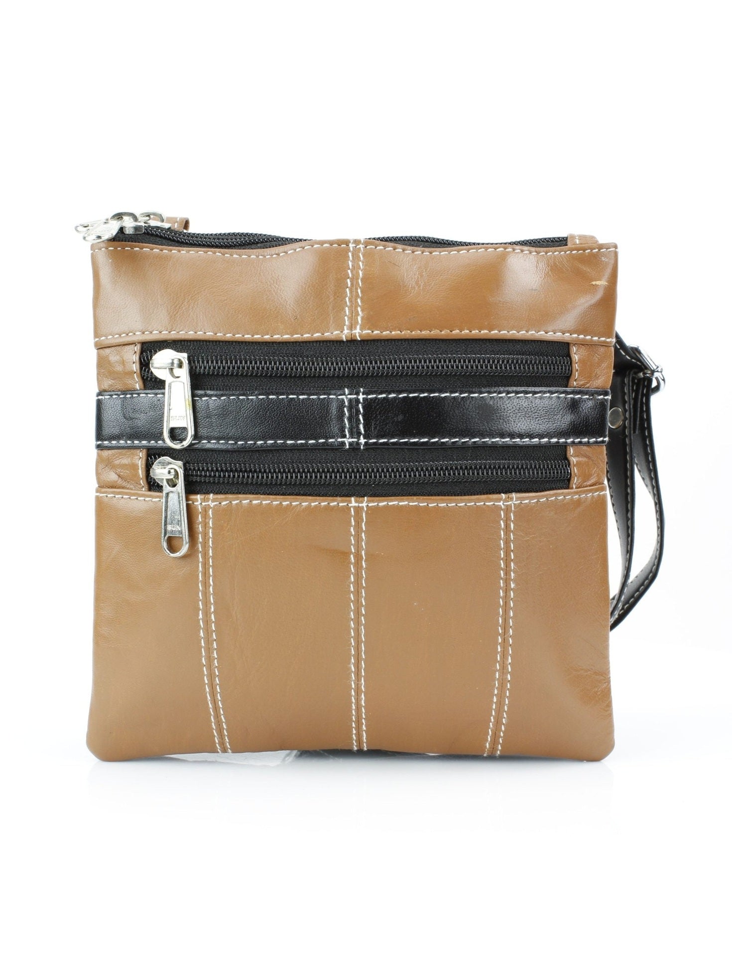 Messenger Bag With Dual Zip Pockets Compact Tan Leather 772tn