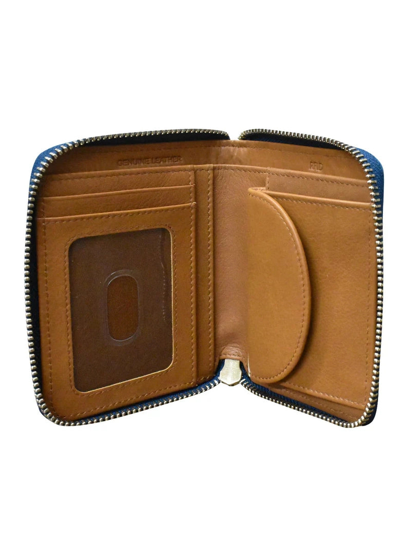 Wallet Small Zip Leather Jeans Blue Corner Detail 7841 