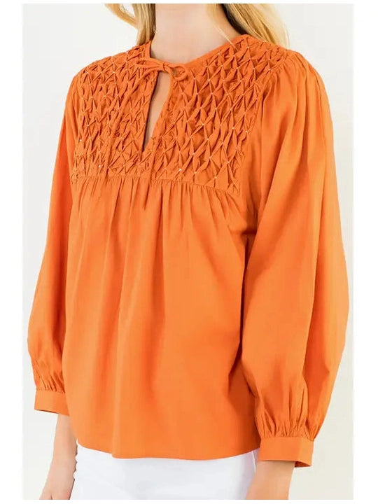 Top Pullover Smock Detail Autumn Orange 3/4 Sleeve Women's SRT2187RA