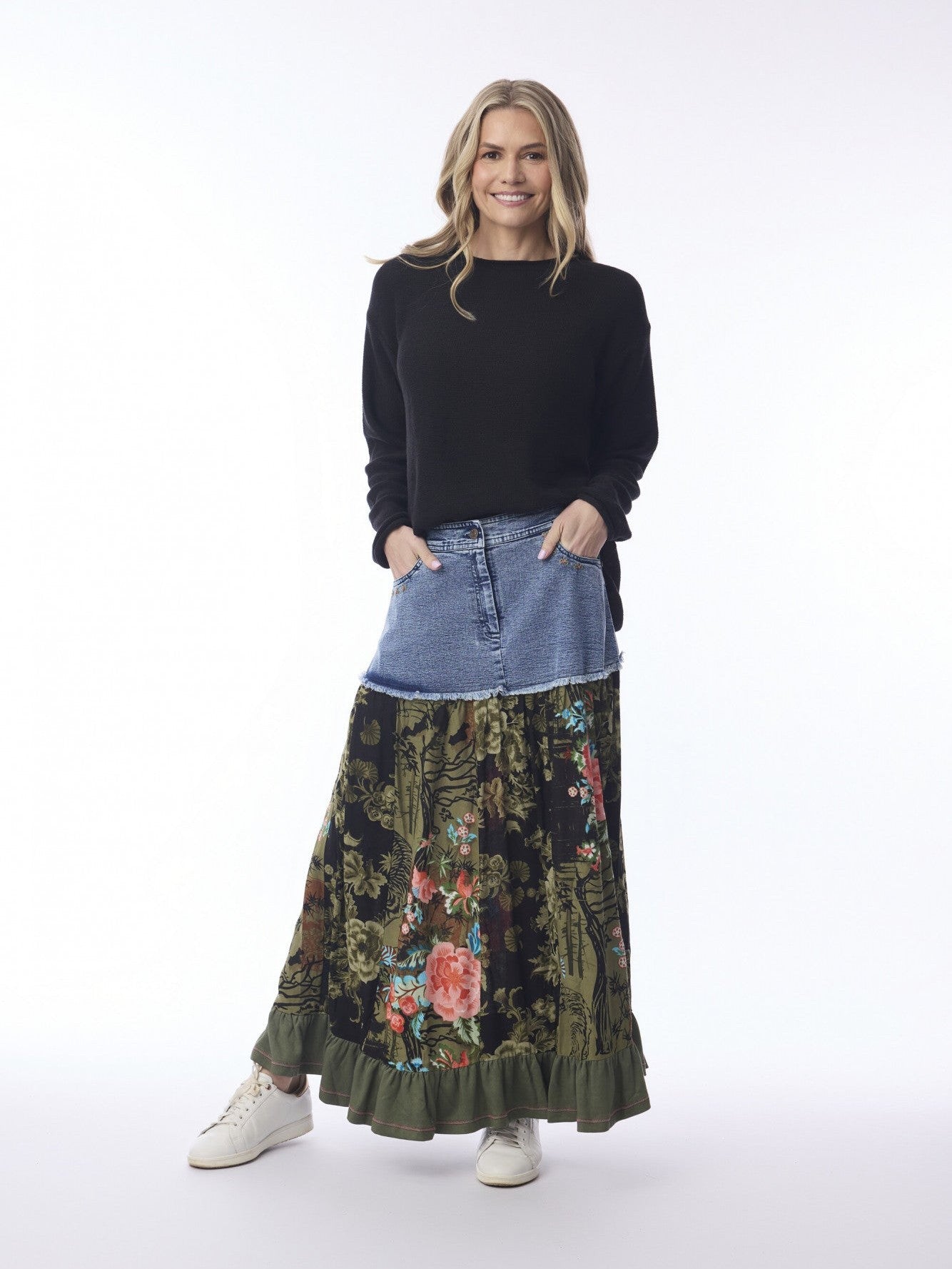 Skirt Keqioa Denim Mix&nbsp; Green Floral Ruffle Bottom 6558