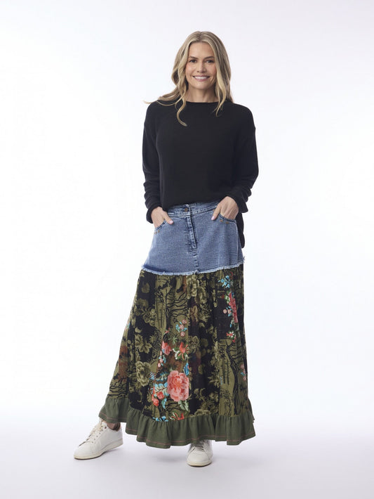Skirt Keqioa Denim Mix&nbsp; Green Floral Ruffle Bottom 6558