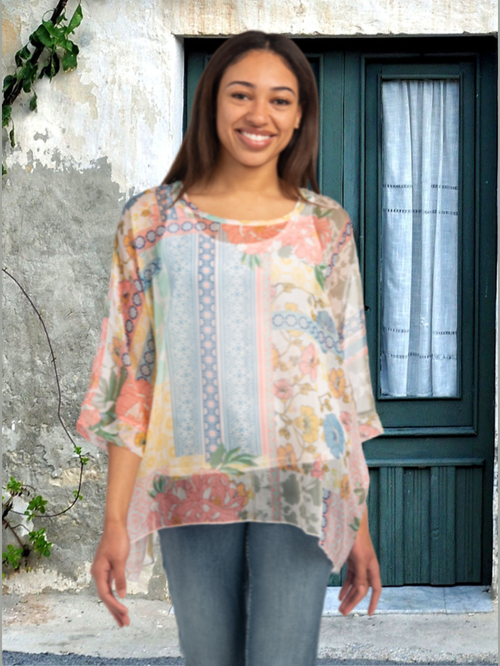 Top Pullover  Sheer Peach Floral Patch Work One Size Stop315 