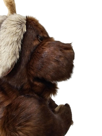 A close-up of a brown dog wearing a cream-colored furry hat or headpiece, photographed indoors against a white paneled wall.