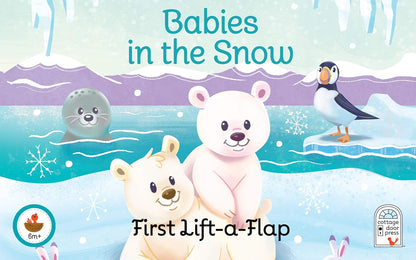 Children's lift-the-flap book cover titled 'Babies in the Snow' showing a snowy winter scene with polar bears, a penguin, a seal, and icy mountains. The text 'First Lift-a-Flap' appears at the bottom, with a Bim! logo on the lower left and an 'Open & Read' logo on the lower right.