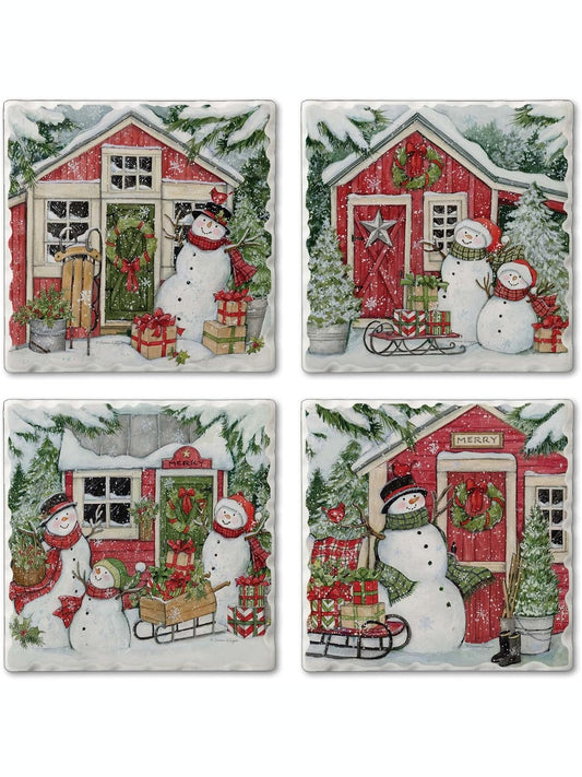 Coaster Christmas Snowman's Farm House 4Pk 4x4" 05-01635