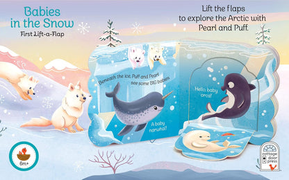 Babies in the Snow First Lift-a-Flap board book by Oceano Pups, featuring a winter Arctic theme with illustrations of polar bears, a narwhal, and a seal on a pastel illustrated background.
