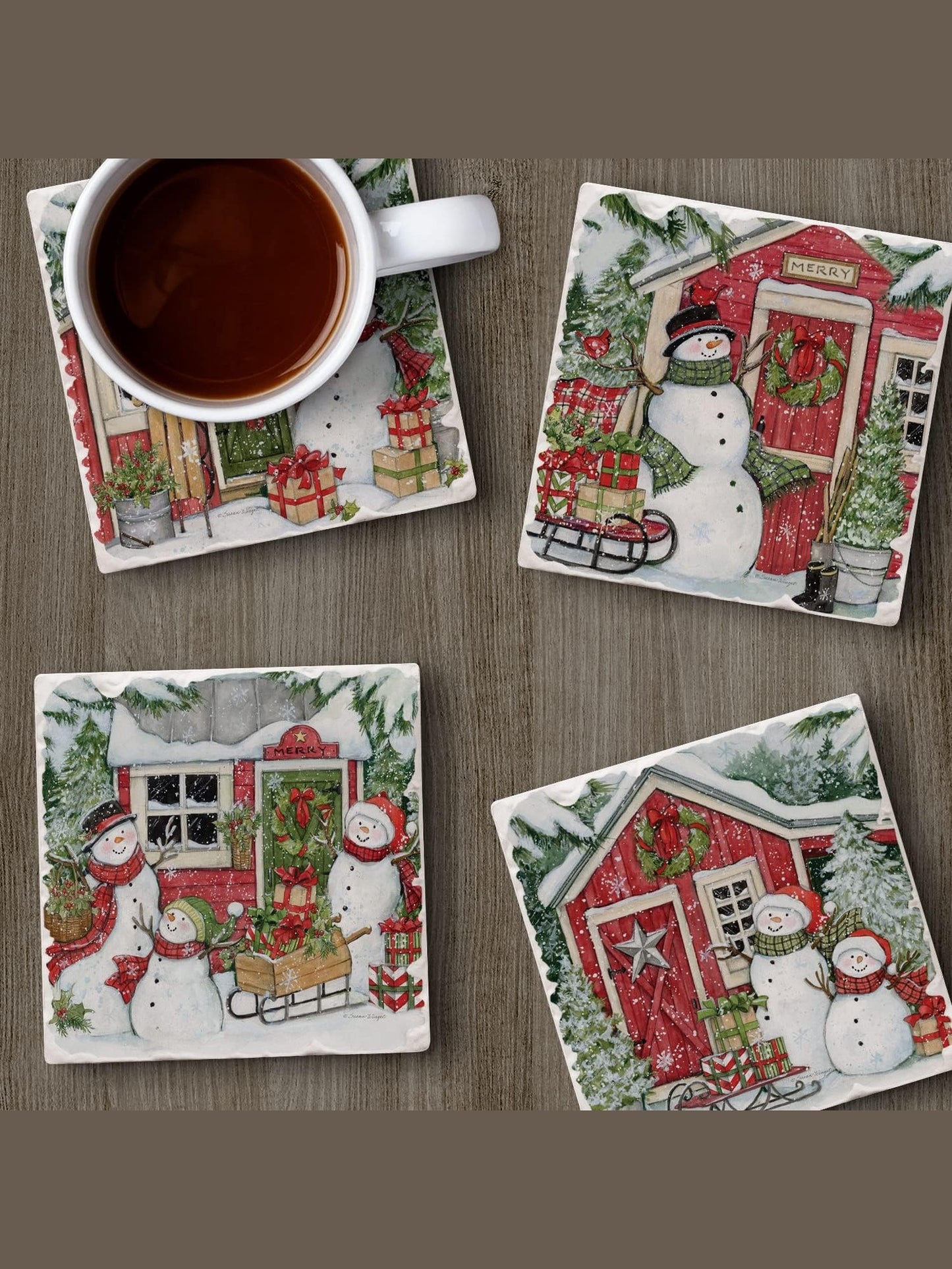Coaster Christmas Snowman's Farm House 4Pk 4x4" 05-01635