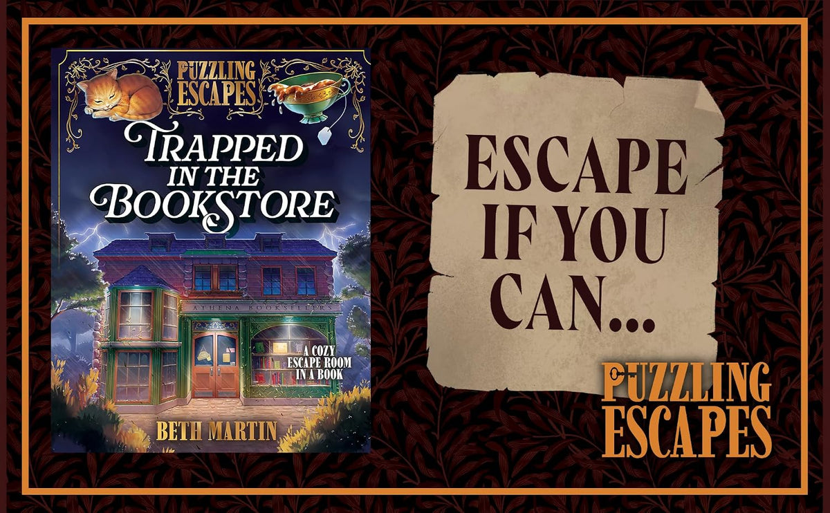 Book cover and promotional graphic for 'Trapped in the Bookstore' by Beth Martin under the Puzzling Escapes series. The left side shows the illustrated book cover with a spooky bookshop at night.