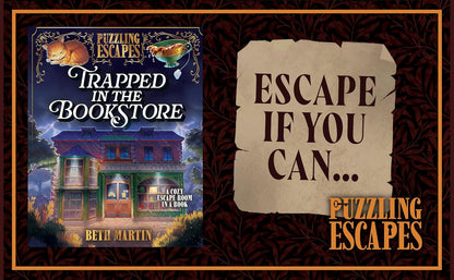 Book cover and promotional graphic for 'Trapped in the Bookstore' by Beth Martin under the Puzzling Escapes series. The left side shows the illustrated book cover with a spooky bookshop at night.
