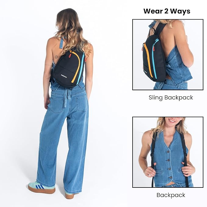 A woman wearing a black sling backpack with yellow and blue accents, shown from the back in a large view and in two smaller inset views demonstrating the sling mode and backpack mode. The background is solid white.