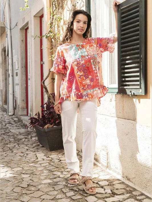 Top Araya Frill Short Sleeve Ruffle Bottom Button Back Multi Colored Abstract Print 82210