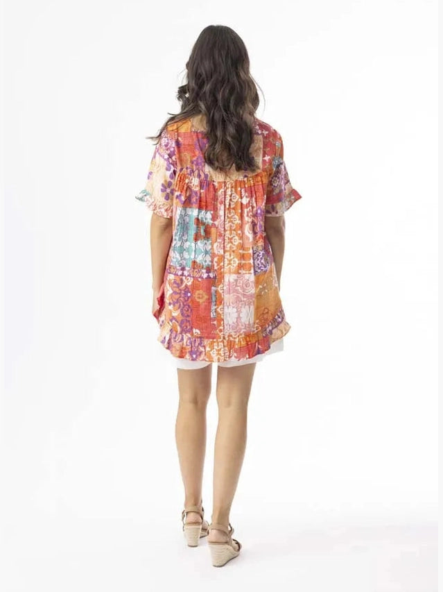 Top Araya Frill Short Sleeve Ruffle Bottom Button Back Multi Colored Abstract Print 82210