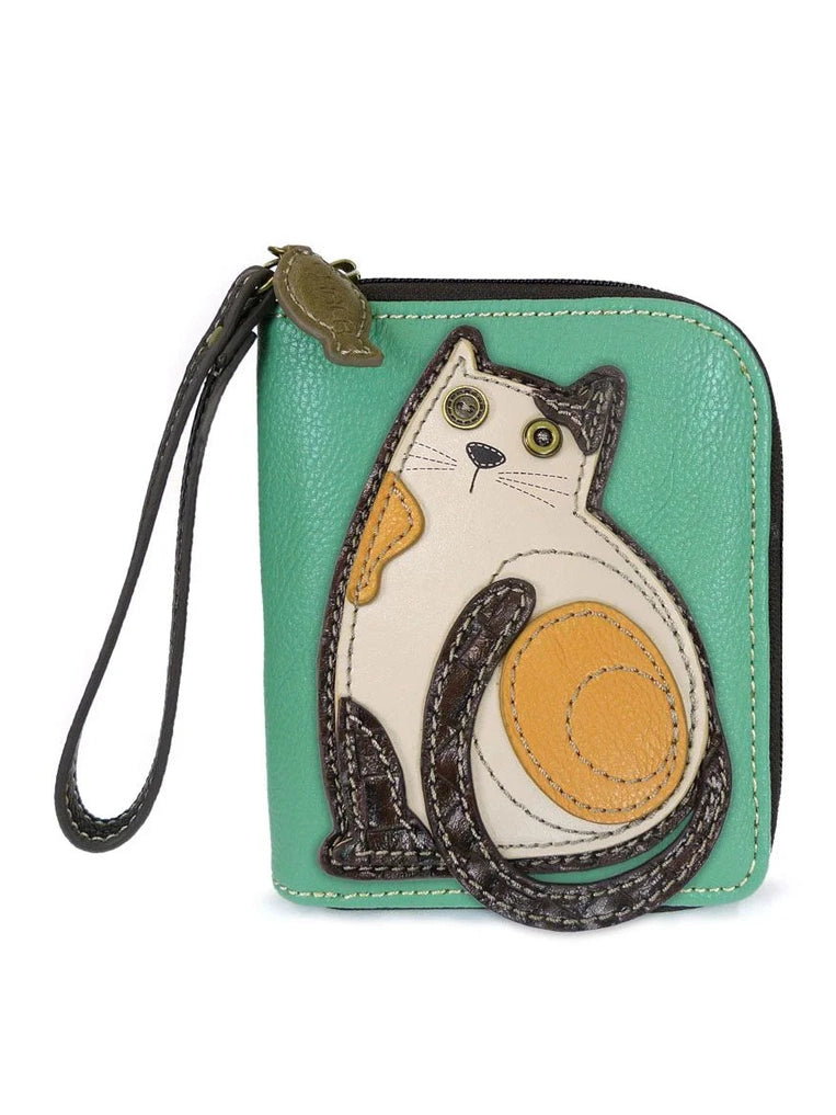 Zip Around Wallet Teal Cat Faux Leather 839Ct4 