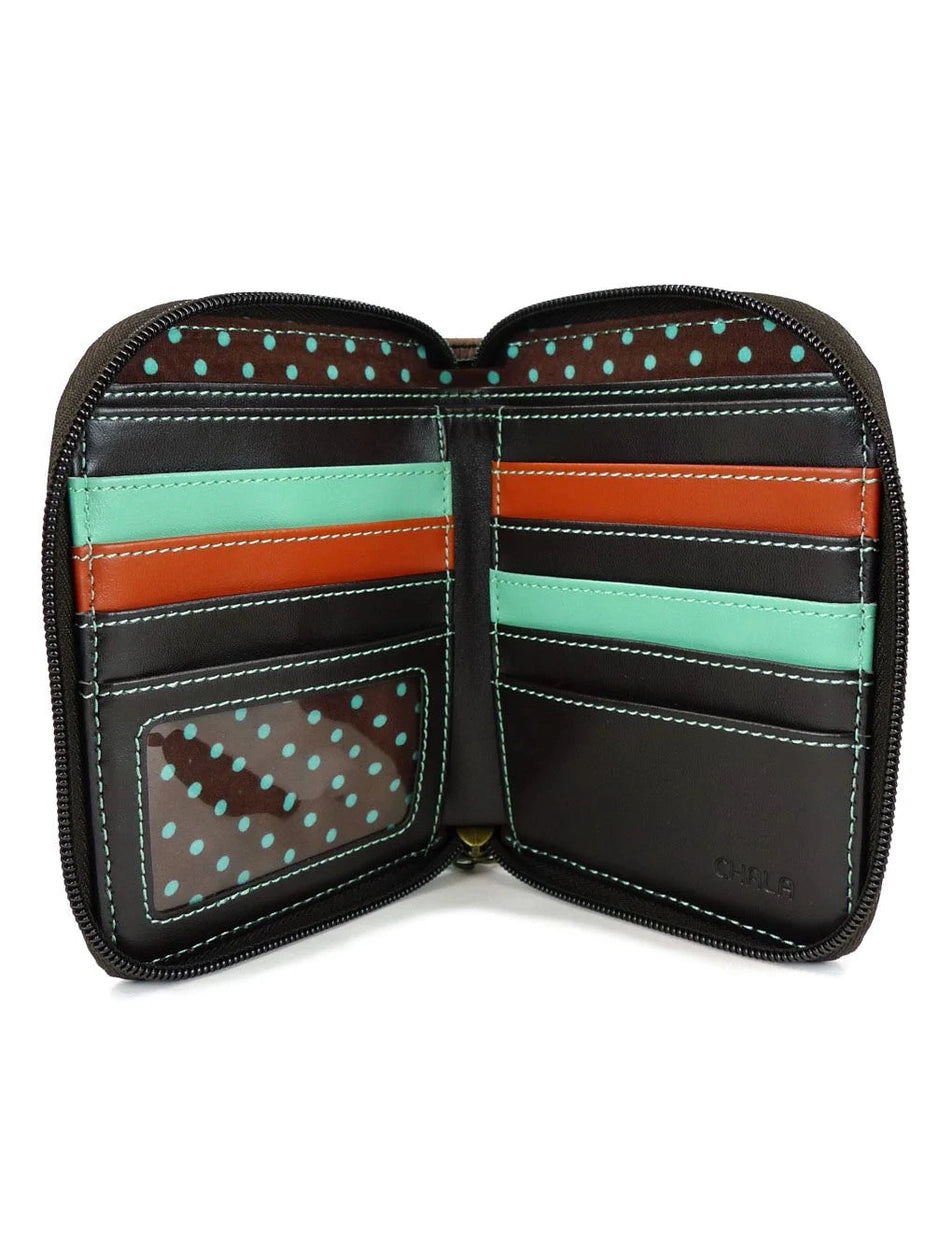Zip Around Wallet Teal Cat Faux Leather 839Ct4 