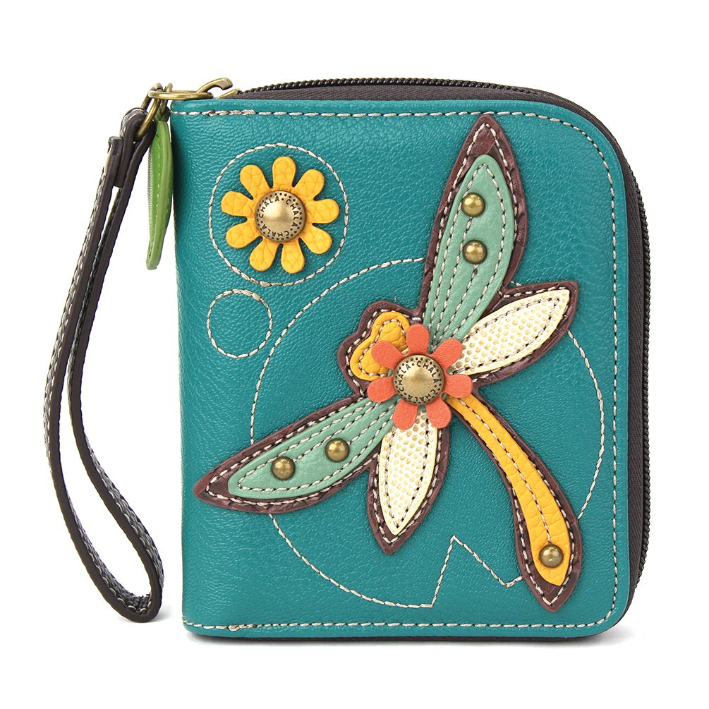 Dragon Fly-Turquoise-Zip Around Wallet-Vegan Leather 