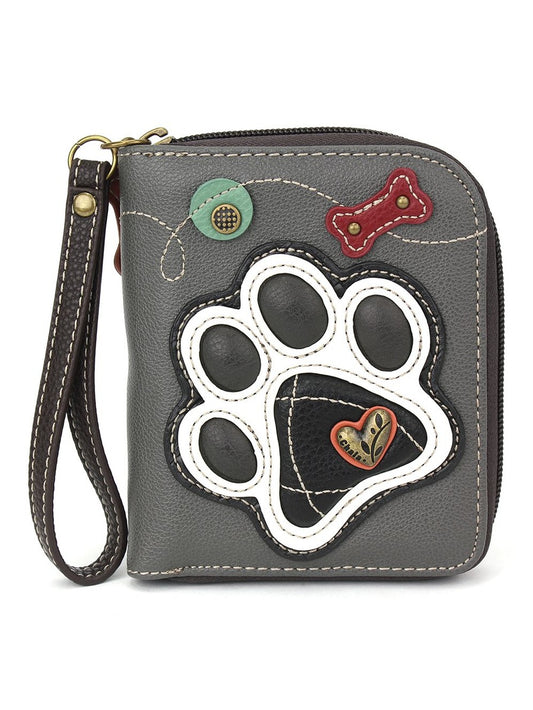 Zip Around Wallet - Black Paw Print-Grey 