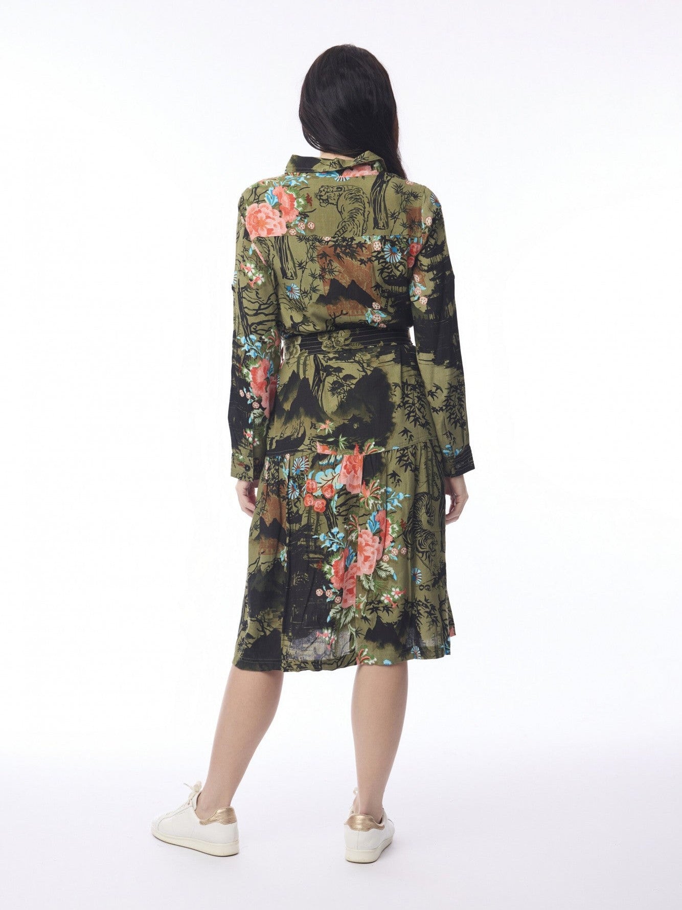 Orientique-Dress Keqioa Collar Tie Waist Button Front Green Floral 61784
