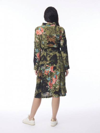 Orientique-Dress Keqioa Collar Tie Waist Button Front Green Floral 61784