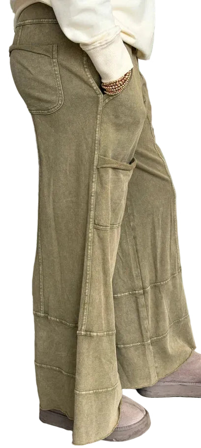 Pants Olive Drawstring 6 Pocket Terry Knit Women's  EB41308