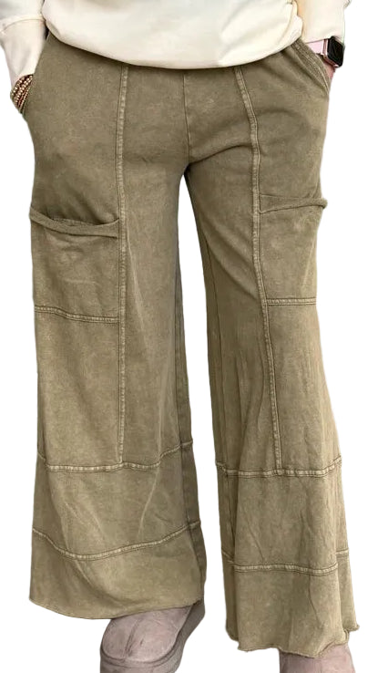 Pants Olive Drawstring 6 Pocket Terry Knit Women's  EB41308