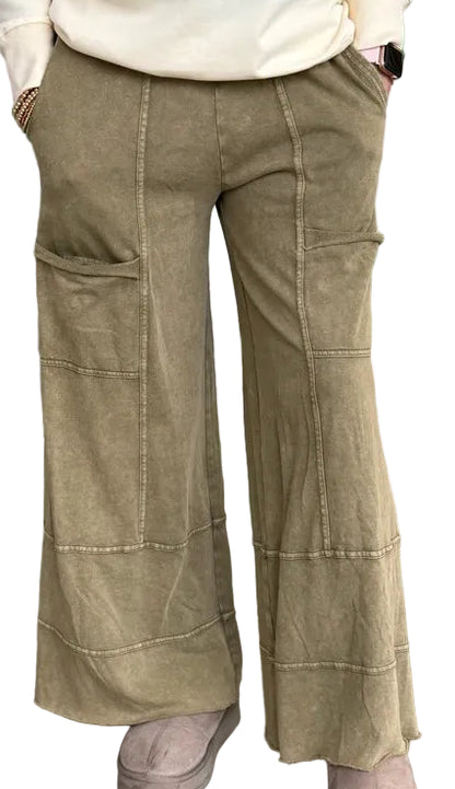 Pants Olive Drawstring 6 Pocket Terry Knit Women's  EB41308