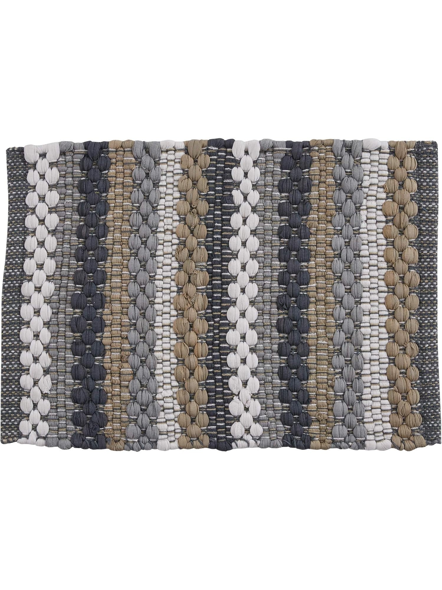 A woven rectangular rug with vertical textured stripes in white, gray, charcoal, beige, and taupe, shown flat against a white background.