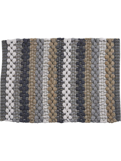 A woven rectangular rug with vertical textured stripes in white, gray, charcoal, beige, and taupe, shown flat against a white background.