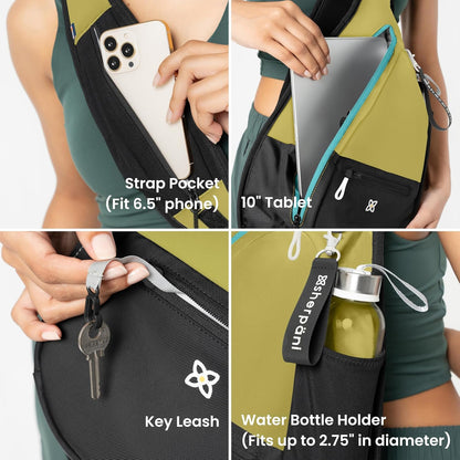 Multifunctional bag with strap pocket, tablet holder, key leash, and water bottle holder.