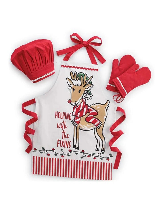 Children's Christmas Apron/Hat/ Oven Mitt Blitzen In The Kitchen 9748767